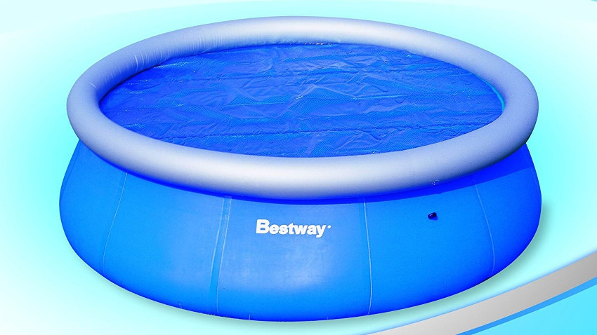 großer blauer Pool von Bestway auf türkisen Hindergrund