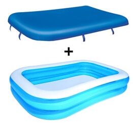 Das Produktbild zeigt den blauen rechteckigen Pool auf weißem Hintergrund. Darüber schwebt die Abdeckplane, welche dunkelblau ist.